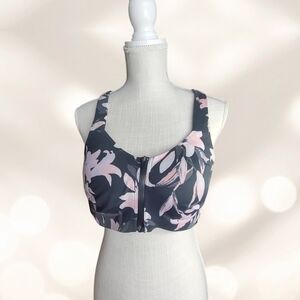 Avia Floral Front-Zip Sports Bra in Charcoal and Light Pink
